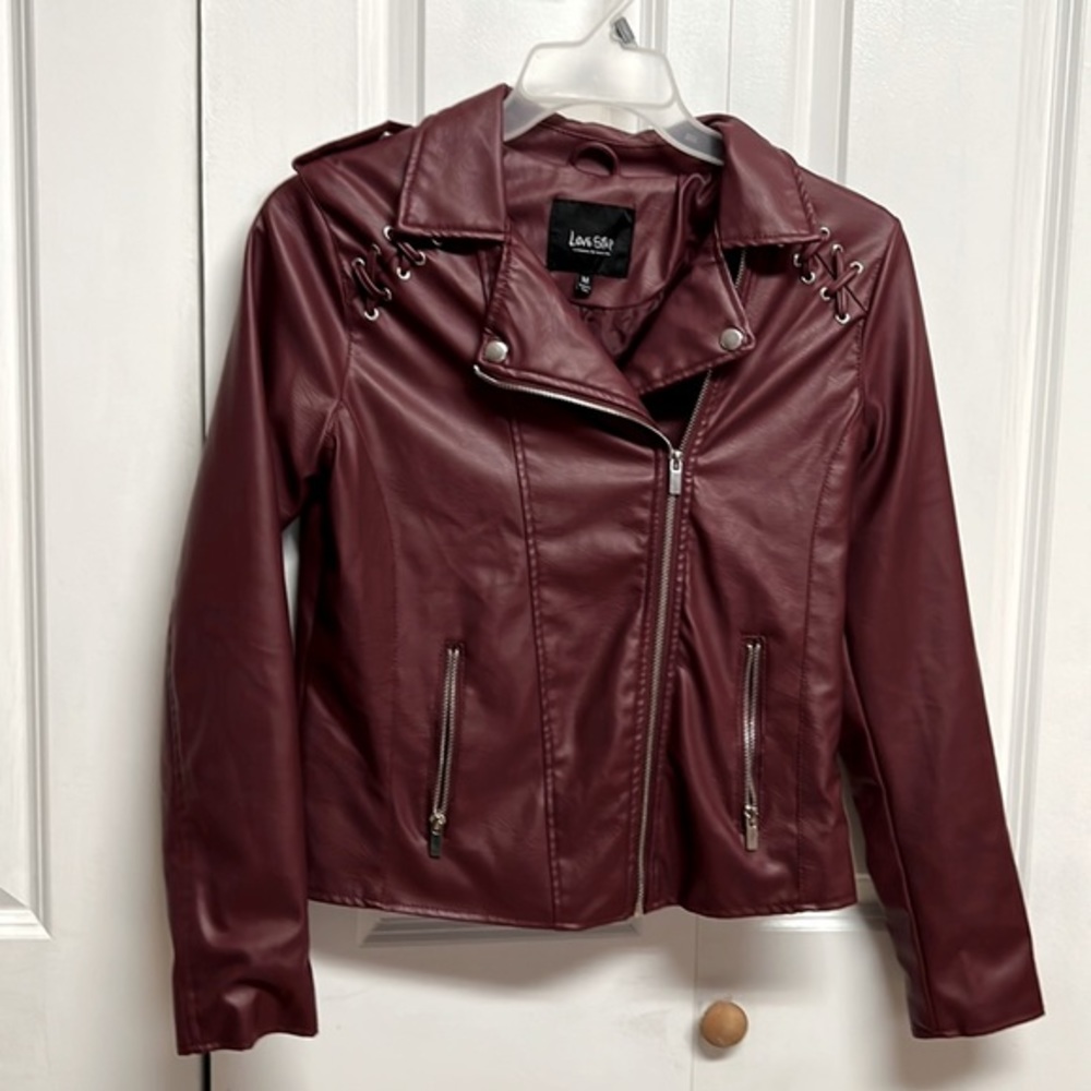Love Star Dark Wine Zip Front Pockets Faux Leather Jacket Size M
